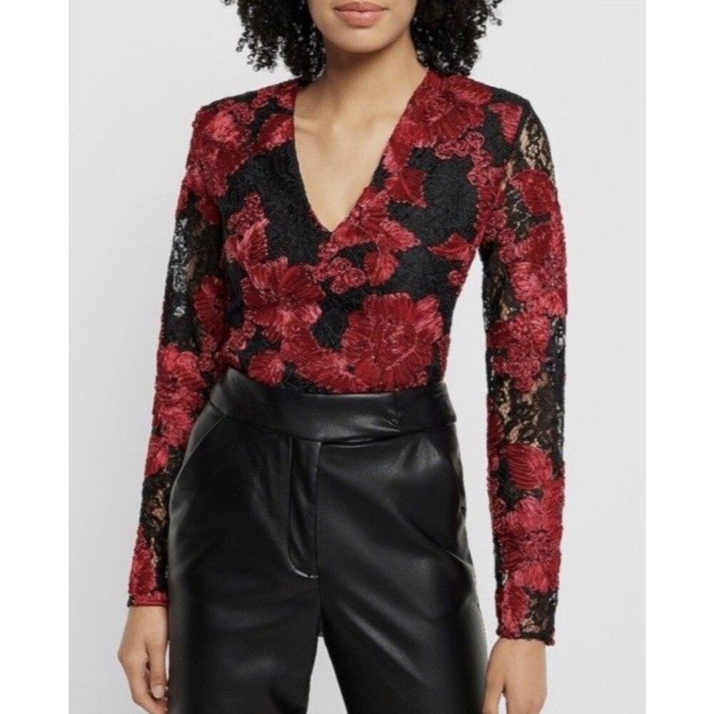 Express XL Bodysuit NWT Red Floral Velvet Black Lace Long Sleeve V Neck Party